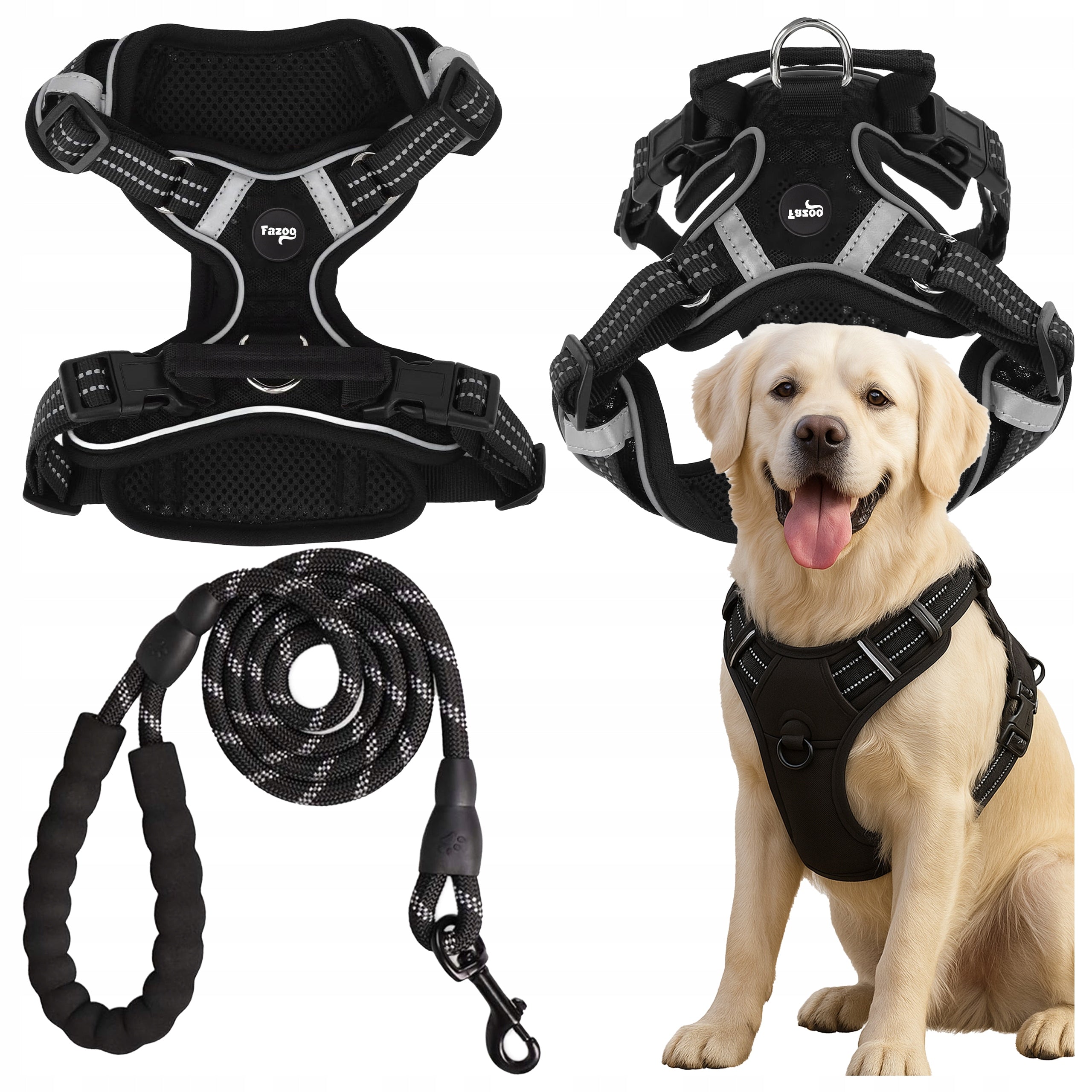 DOG HARNESS with Lanyard Strong Tactical Reflective Lanyard 150 cm Black 2XL