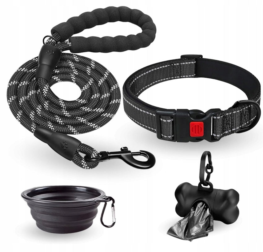 DOG LANYARD SET 1,5m REFLECTIVE COLLAR ADJUSTABLE BOWL DISPENSER