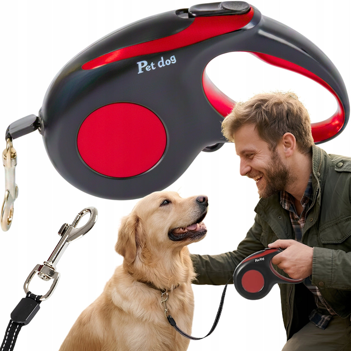 DOG LEASH 15KG AUTOMATIC WITH LOCK STRONG TAPE 5 METERS RED