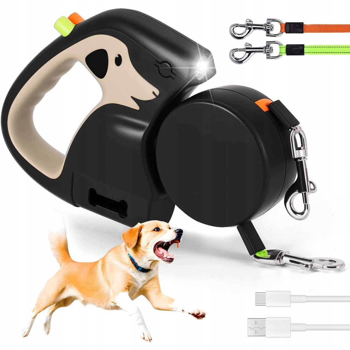 DOG LEASH DOUBLE 360 DEGREE 3M LED NYLON AUTOMATIC BLACK