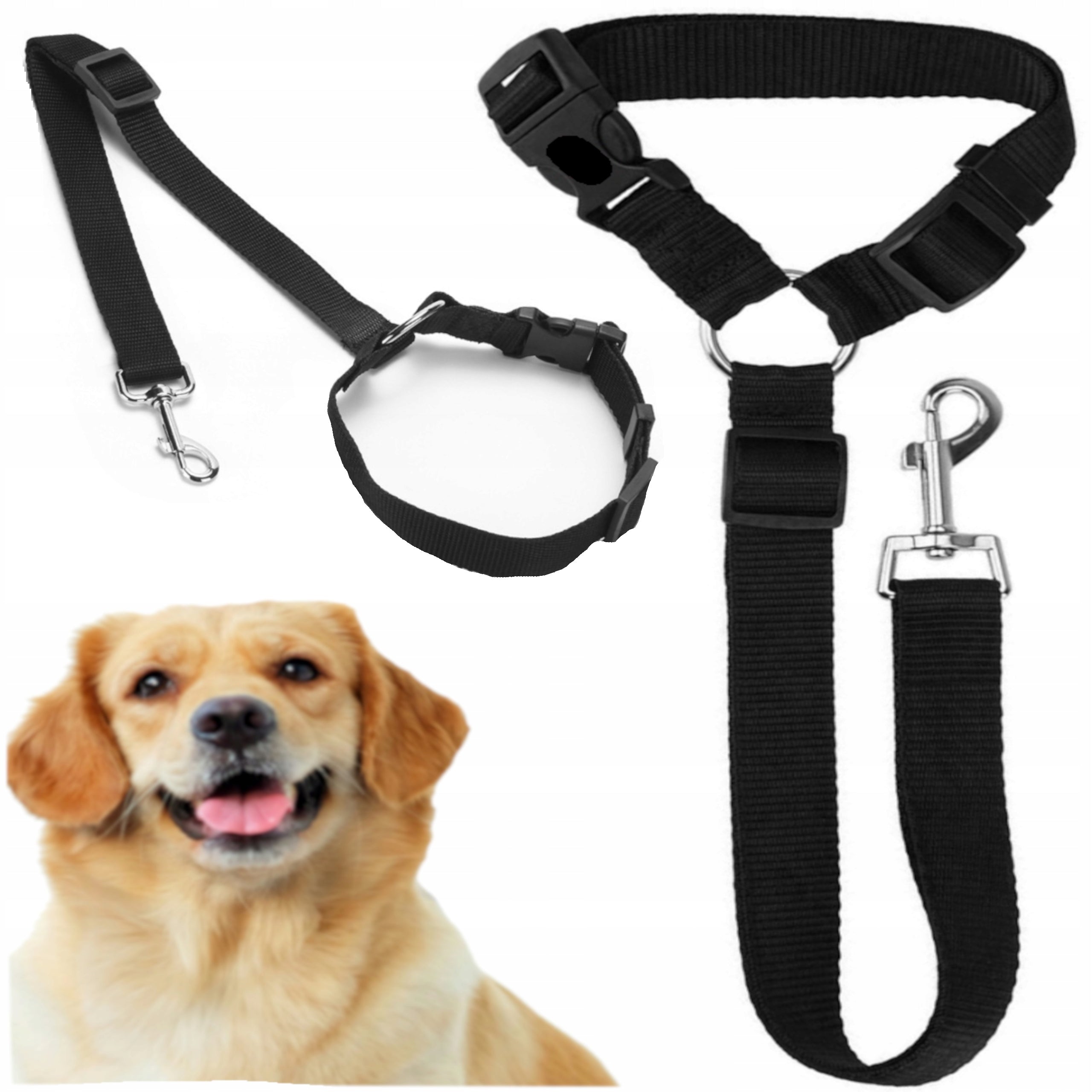 DOG LEASH FOR CAR WITH COLLAR 73 CM ADJUSTABLE STRONG SOLID Color black
