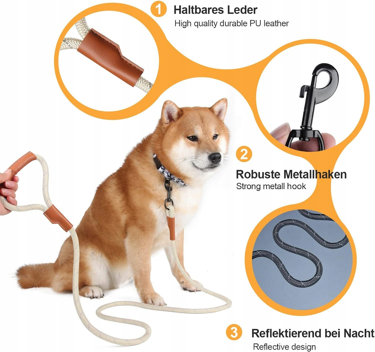 DOG LEASH REFLECTIVE CORD THICK TRAINING LEATHER HANDLE BEIGE 1,8m Manufacturer code JO847