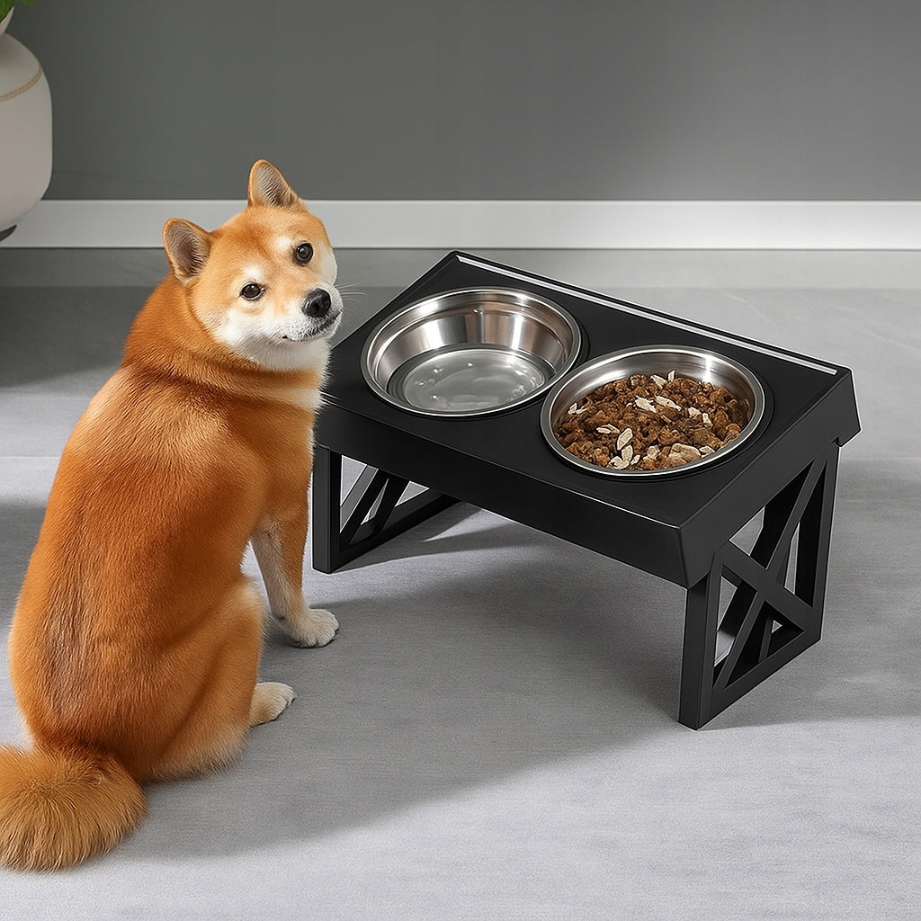 DOG STAND BOWL ADJUSTABLE DOUBLE METAL WATER BOWL STAND Trade name Miska dla psa regulowana stojak na miski metalowe na podwyższeniu zestaw misek dla dużego małego psa