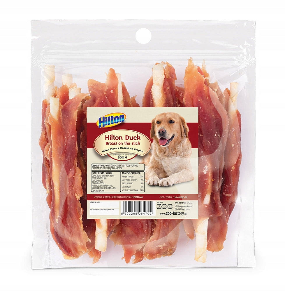 DOG TREAT HILTON DUCK BREAST ON A STICK 500G