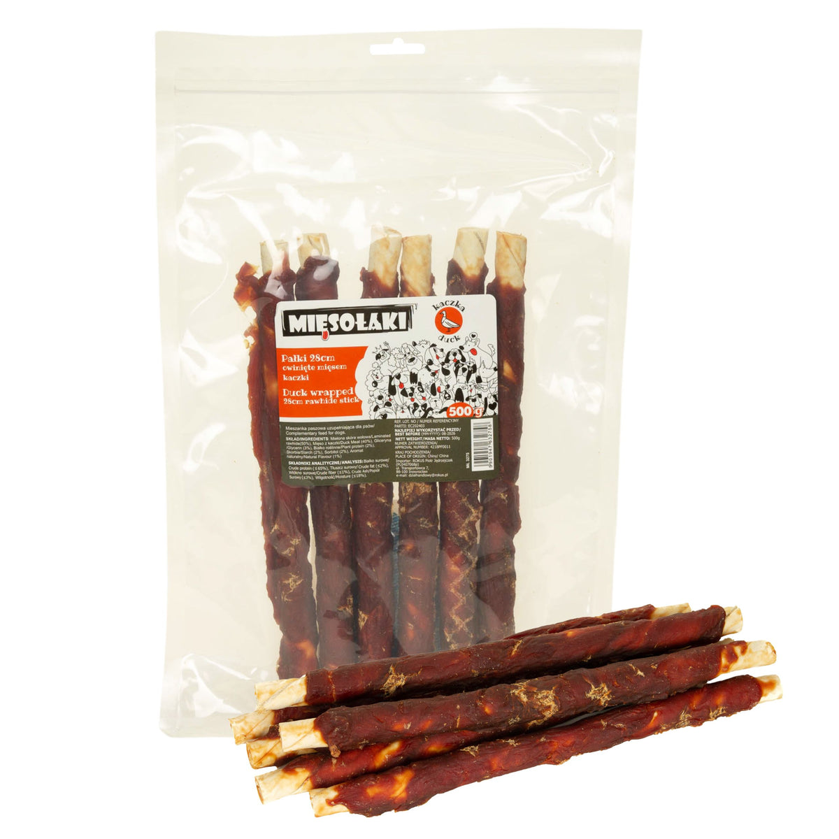 DOG TREATS MIĘSOŁAKI LONG STICKS WRAPPED IN DUCK 28CM 500G