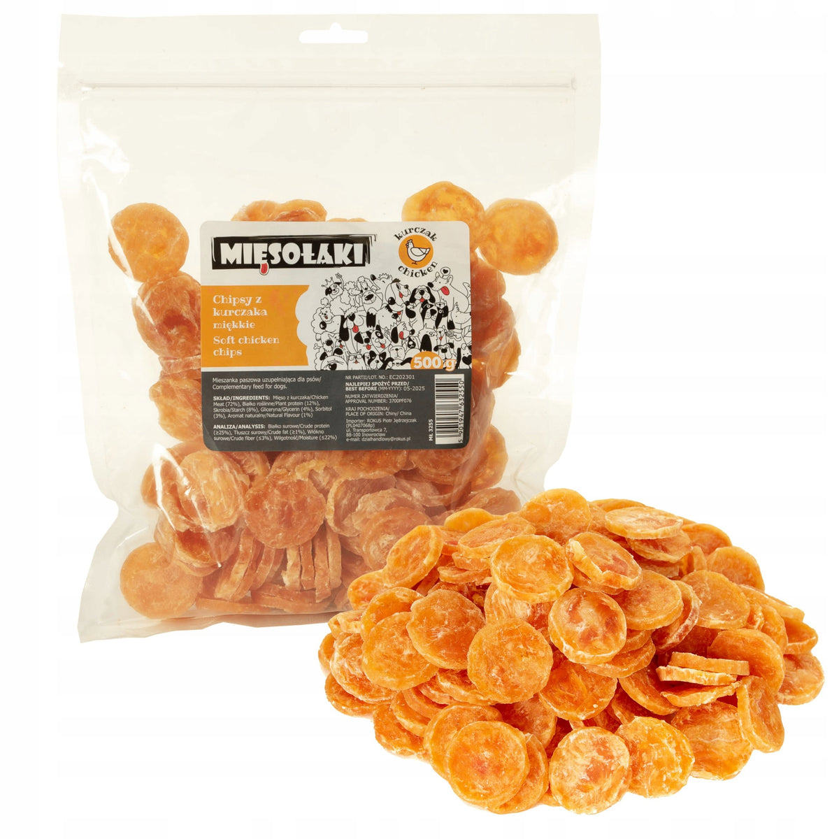 DOG TREATS MIĘSOŁAKI SOFT CHICKEN CHIPS 500G