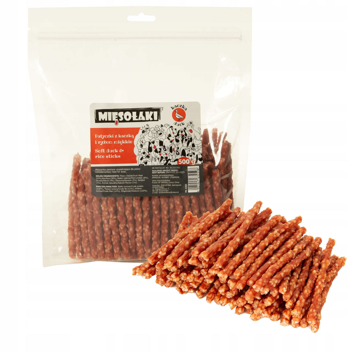 DOG TREATS MIĘSOŁAKI SOFT DUCK STICKS WITH RICE 500G