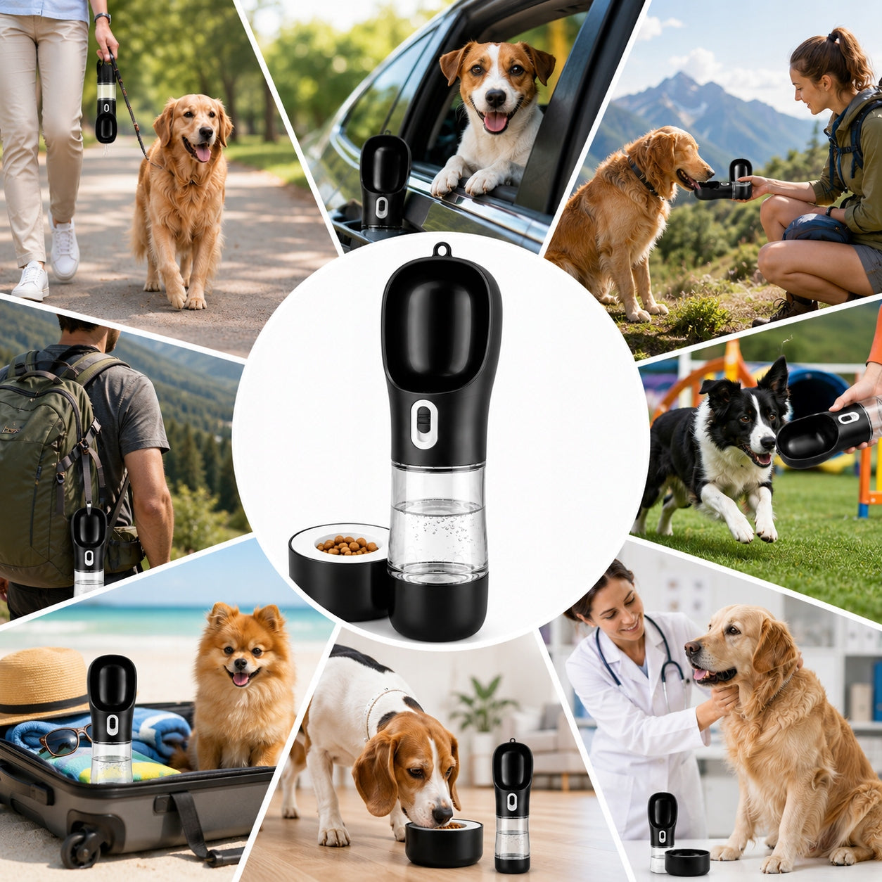 DOG WATER BOTTLE 3in1 DRINKER + BOWL + FOOD CONTAINER Color multicolor
