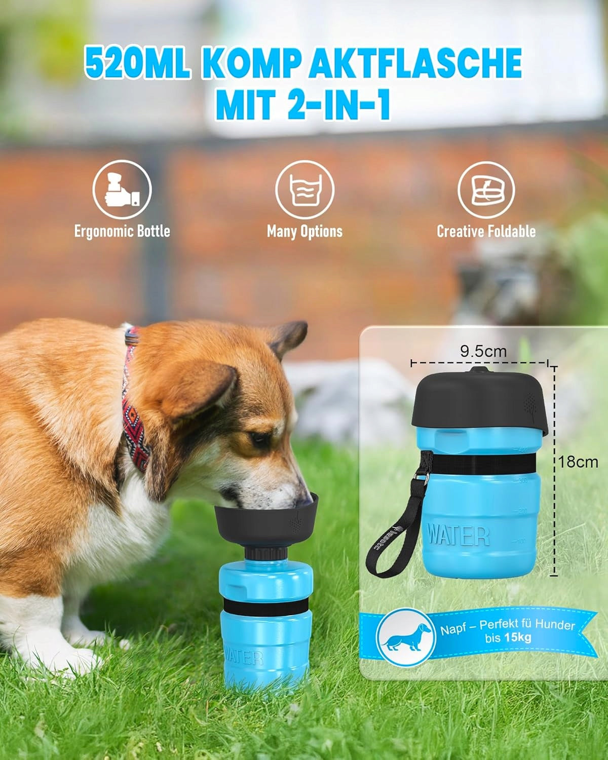 DOG WATER BOTTLE FOLDABLE 520 ML WITH BOWL SEALED BLUE Brand CE