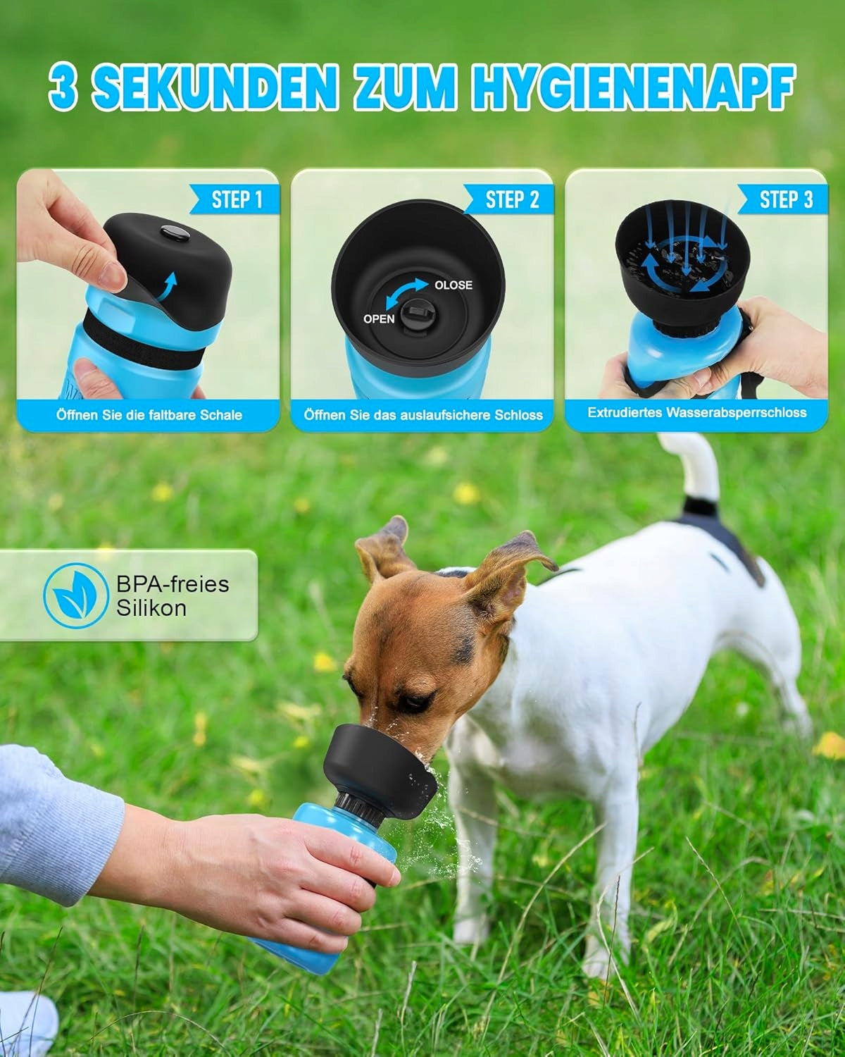 DOG WATER BOTTLE FOLDABLE 520 ML WITH BOWL SEALED BLUE Manufacturer code 0099606995971