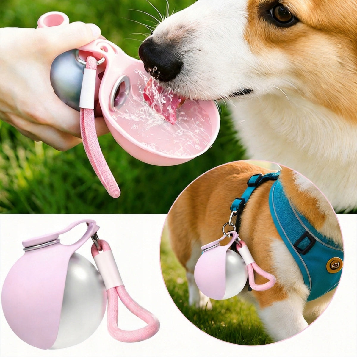 DOG WATER BOTTLE TRAVEL BOWL FOLDING PINK Packaging status original