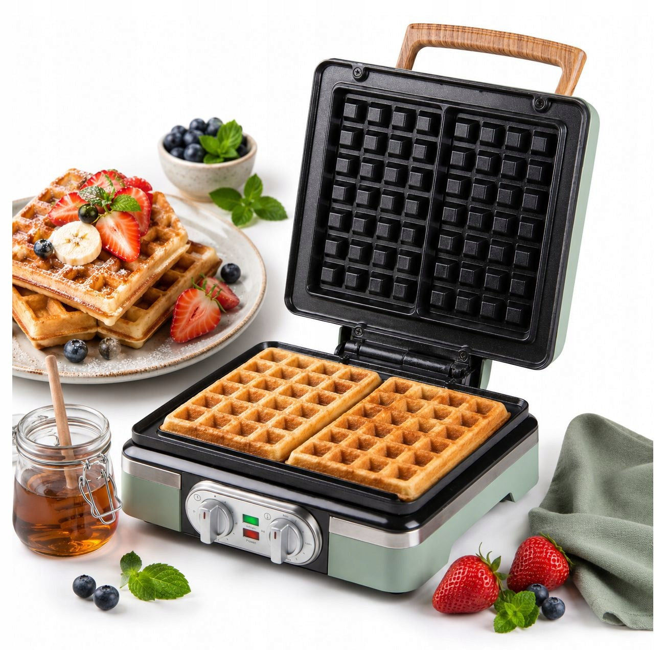 DOMO DO9279W Waffle Iron, 1520W, 2 Large Waffles, Temperature Control