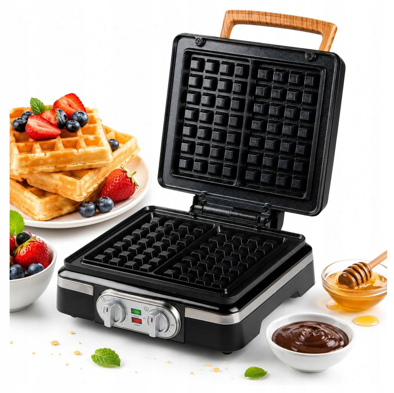 DOMO DO9281W Waffle Iron, 1520W, 2 Large Waffles, Temperature Control, Black