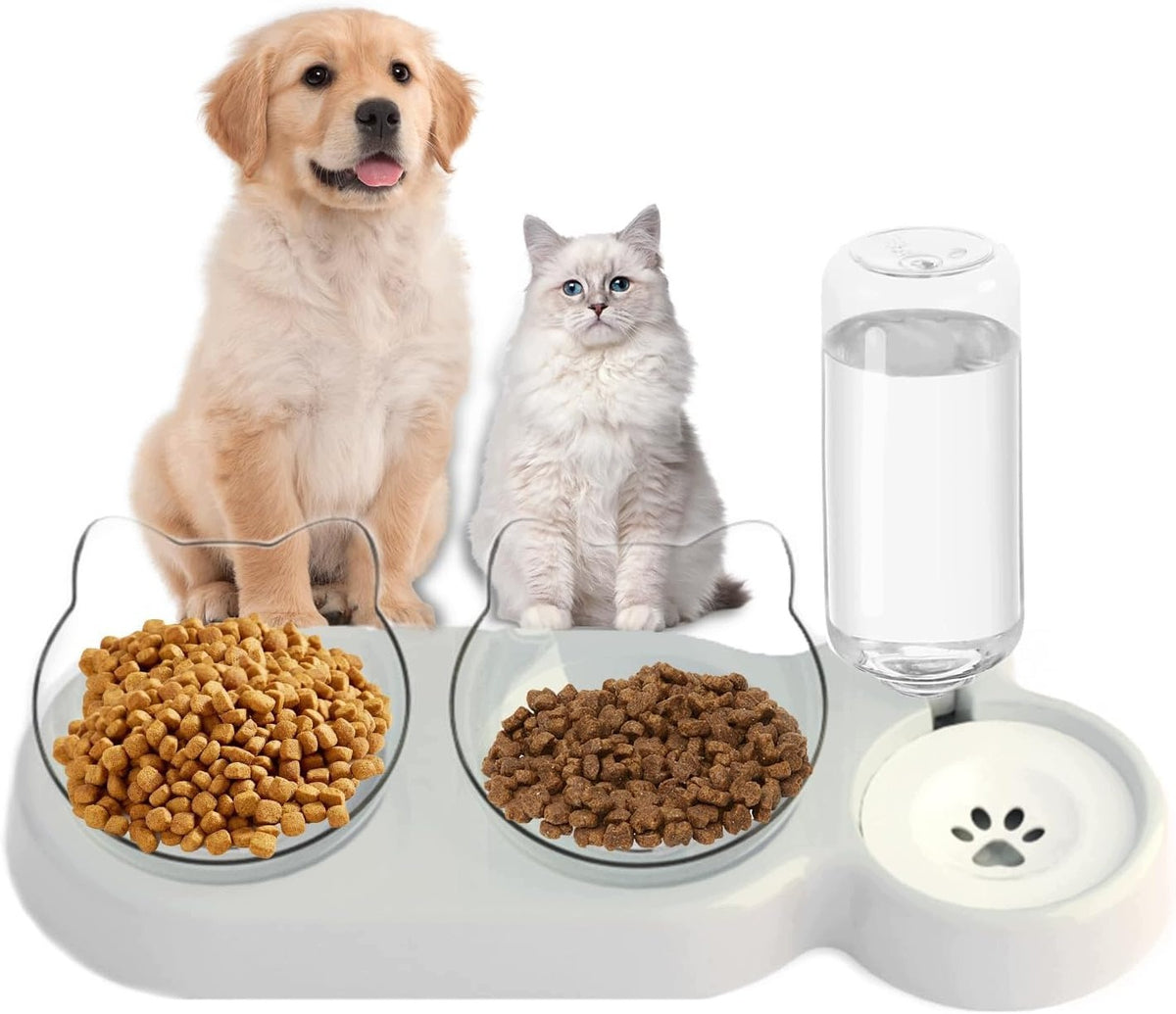DOUBLE 3 IN 1 CAT BOWL WITH WATER DISPENSER GREY PLASTIC