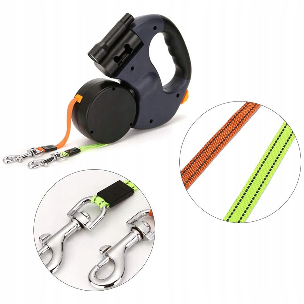 DOUBLE AUTOMATIC LANYARD WITH LED FLASHLIGHT FOR 2 DOGS 3M POUCHES Packaging status original