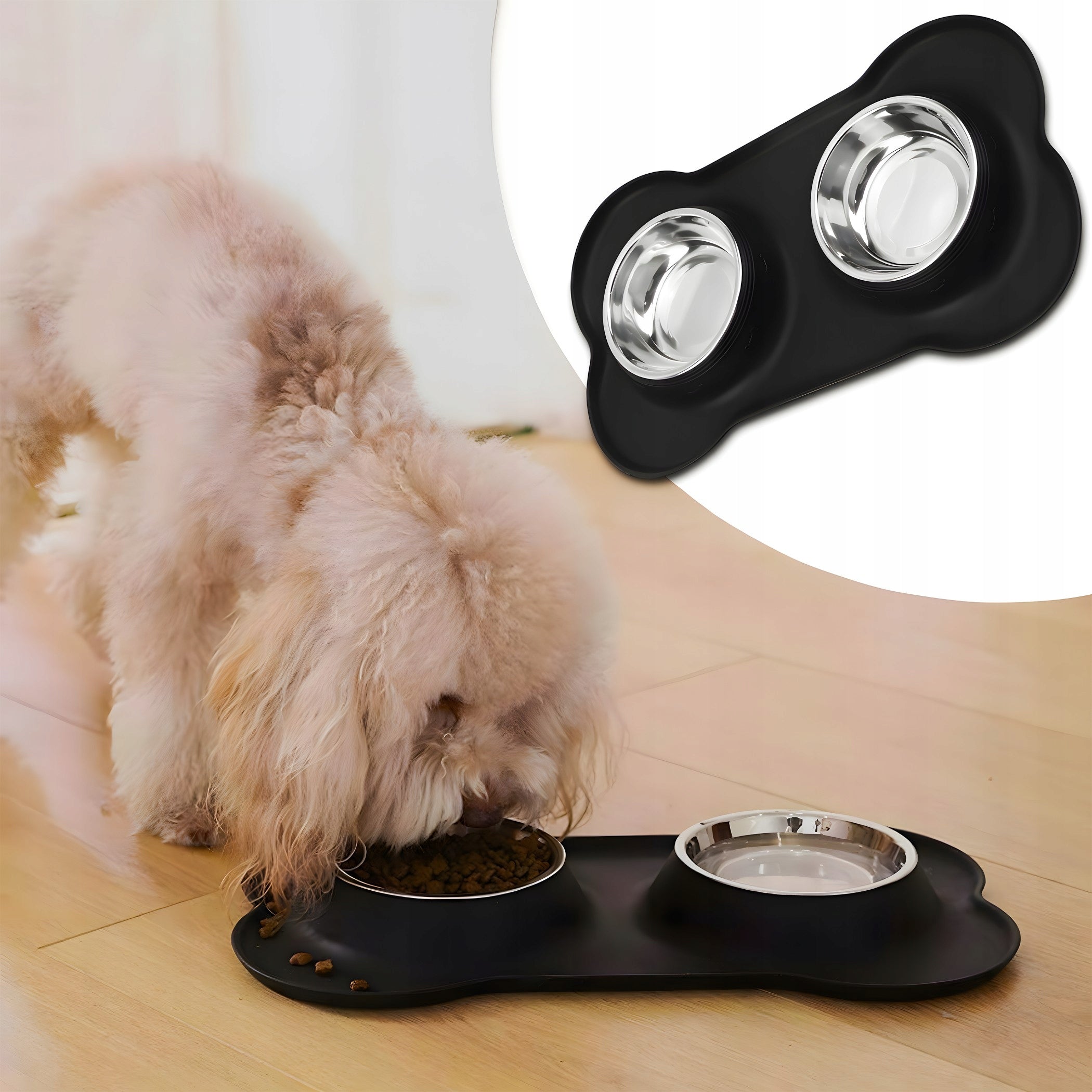 DOUBLE BOWL 400 ml FOR CAT DOG + NON-SLIP BOWL STAND Color black