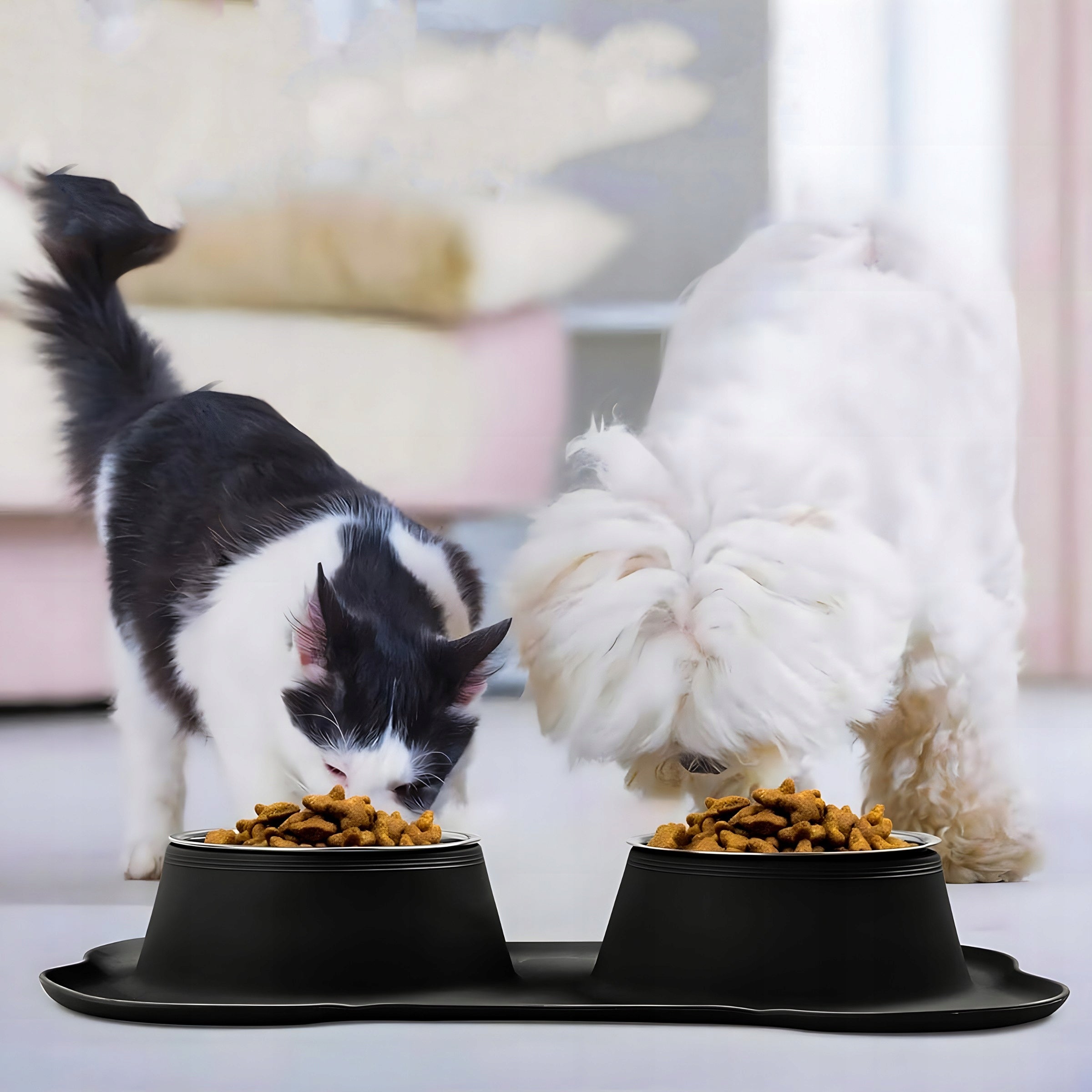 DOUBLE BOWL 400 ml FOR CAT DOG + NON-SLIP BOWL STAND Material silicone pad