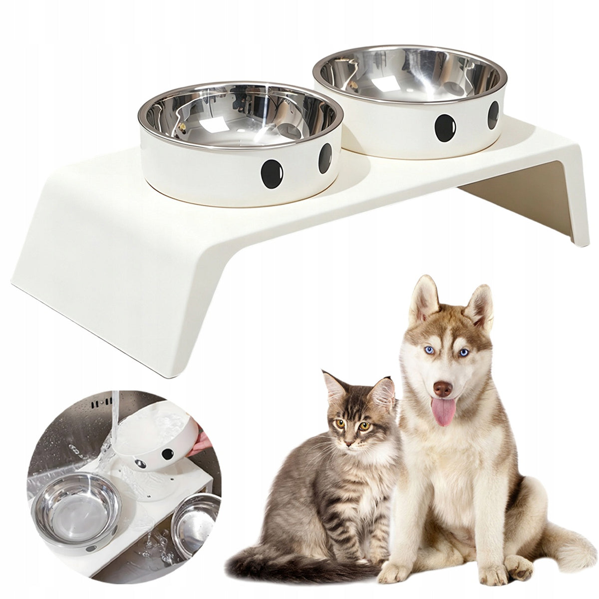 DOUBLE BOWL FOR CAT DOG BOWLS WITH COASTERS 2X600ML STAINLESS ANTI-SLIP
