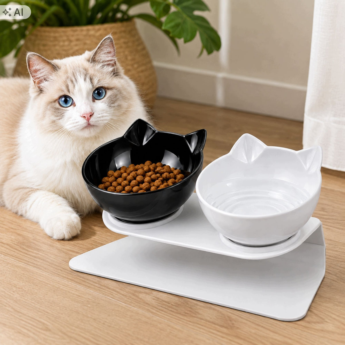 DOUBLE BOWL WITH EARS FOR CAT DOG WITH STAND SET OF BOWLS 2x400ml Packaging status original