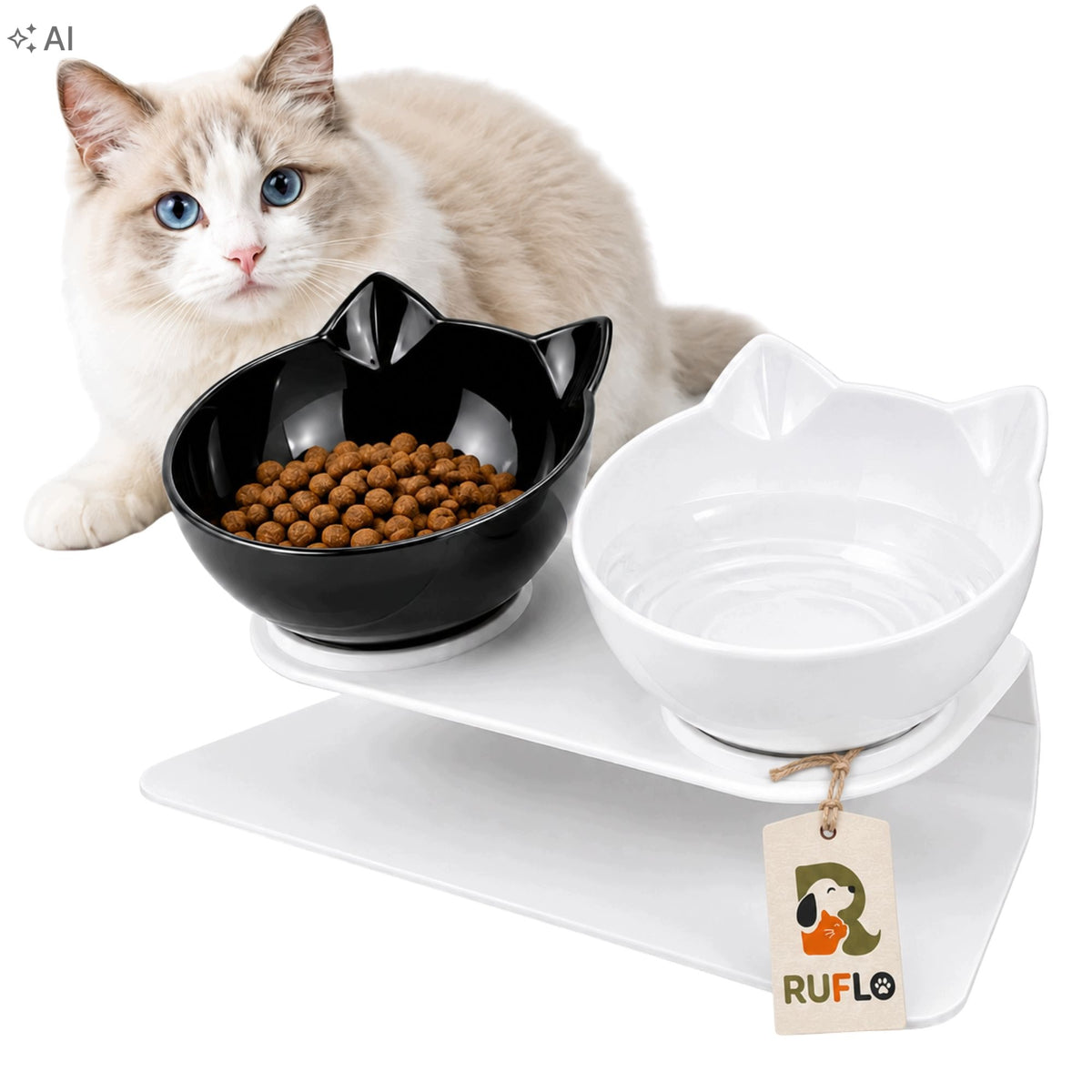 DOUBLE BOWL WITH EARS FOR CAT DOG WITH STAND SET OF BOWLS 2x400ml