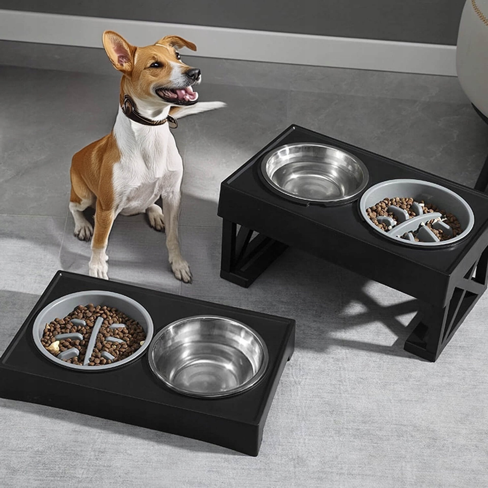 DOUBLE BOWL x2 FOR DOG ADJUSTABLE HEIGHT SLOW STAND Capacity 2 l