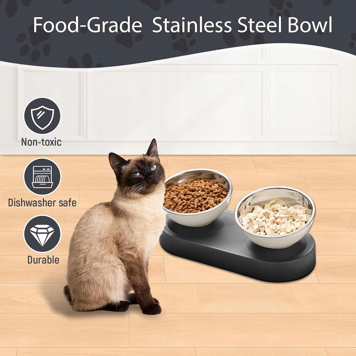 DOUBLE CAT BOWL INCLINED 15° STAINLESS STEEL RAISED Kind automatic feeder