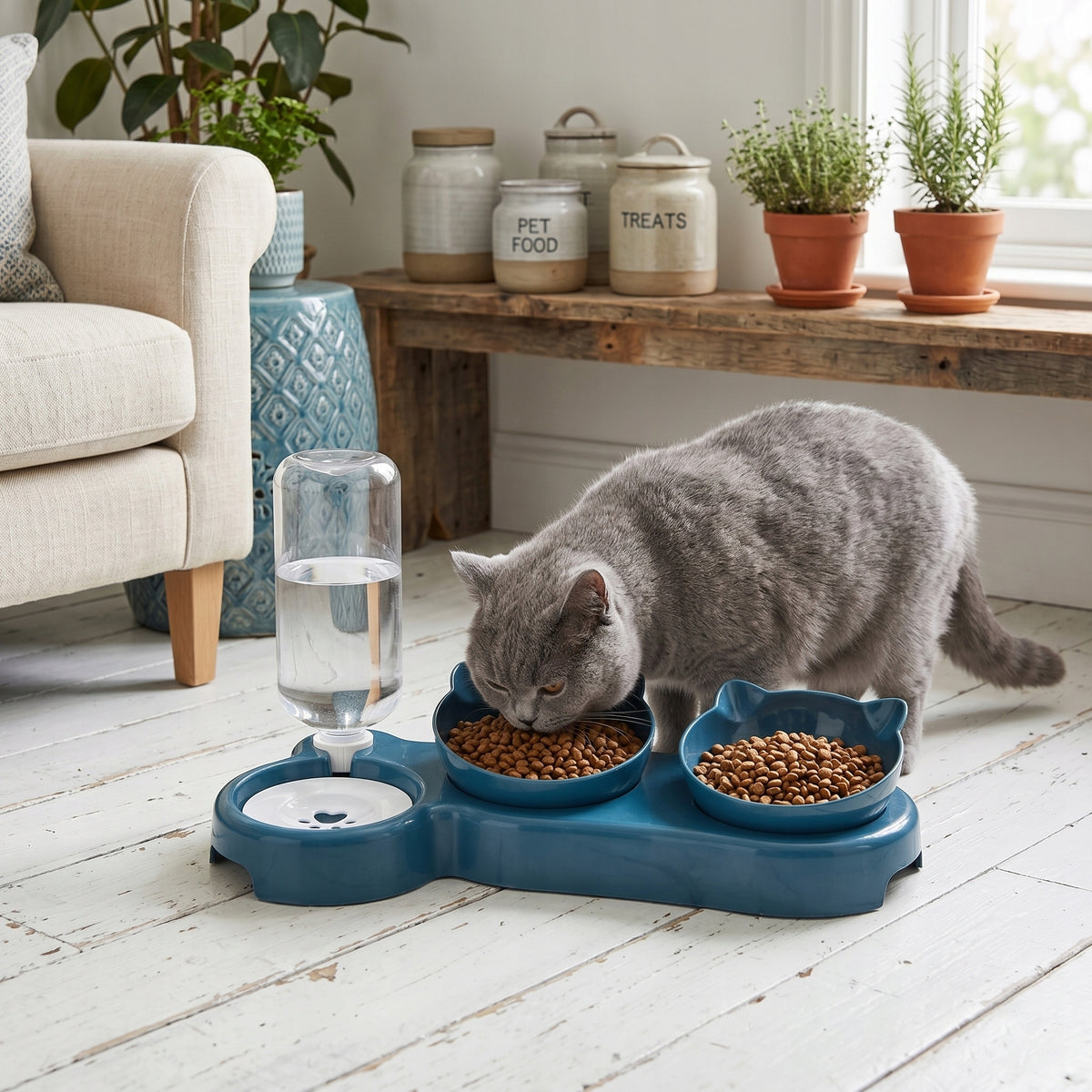 DOUBLE CAT DOG BOWL FOOD SET WITH WATER DISPENSER WATER BOTTLE 500ml Packaging status original