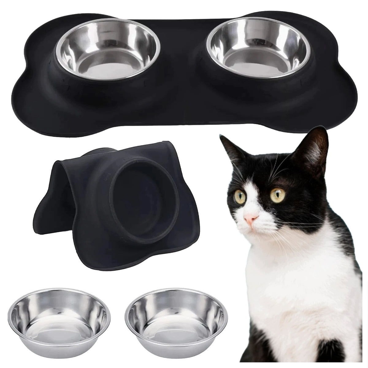 DOUBLE CAT DOG BOWL NON-SLIP BOWL STAND BLACK