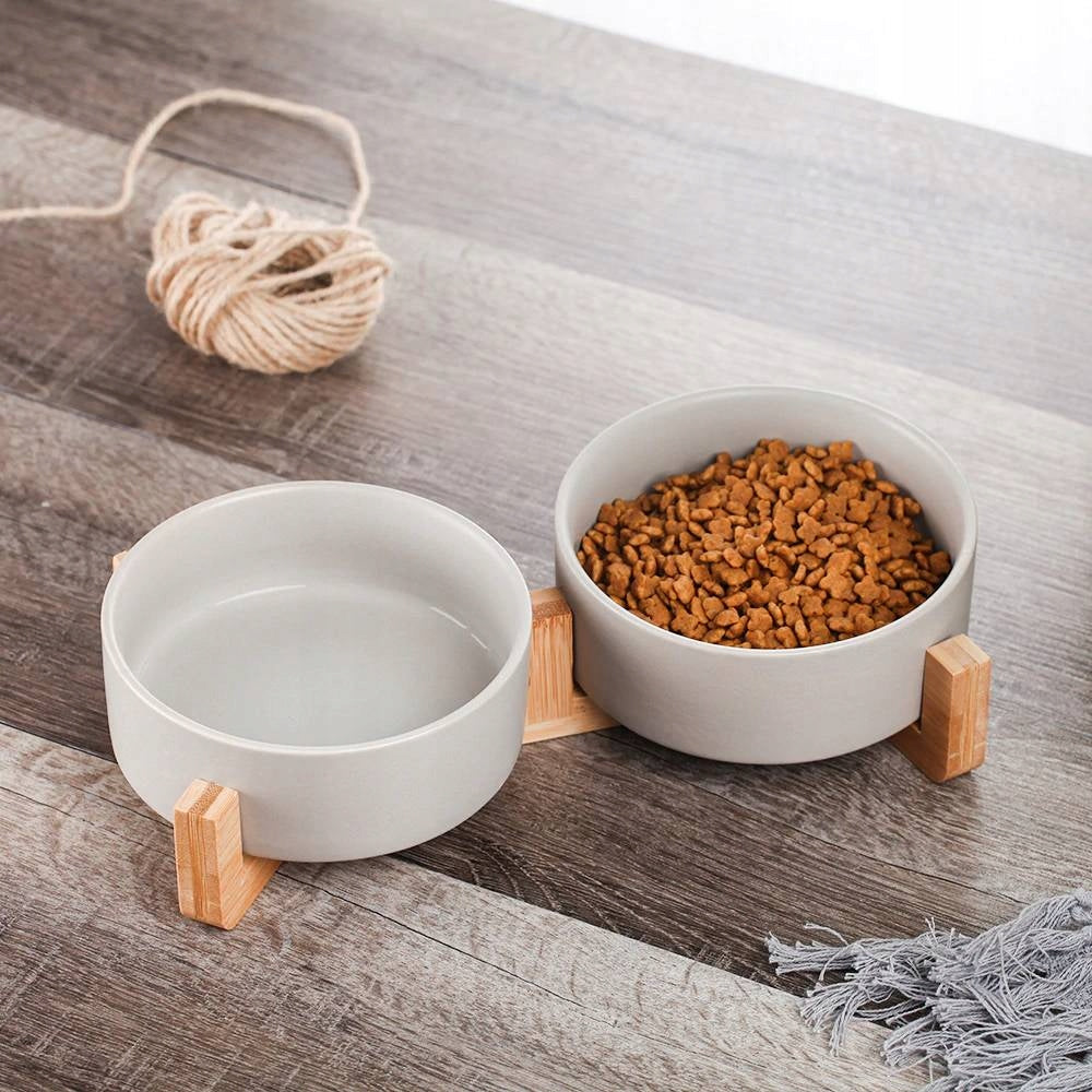 DOUBLE CERAMIC BOWL FOR DOG AND CAT 2 BOWLS WOODEN BASE 2x400ml Manufacturer code QQQBO-035-GREY-S