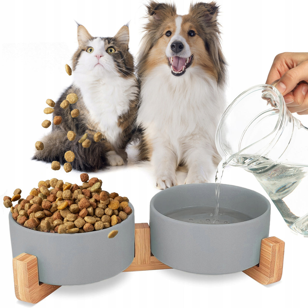 DOUBLE CERAMIC BOWL FOR DOG AND CAT 2 BOWLS WOODEN BASE 2x400ml