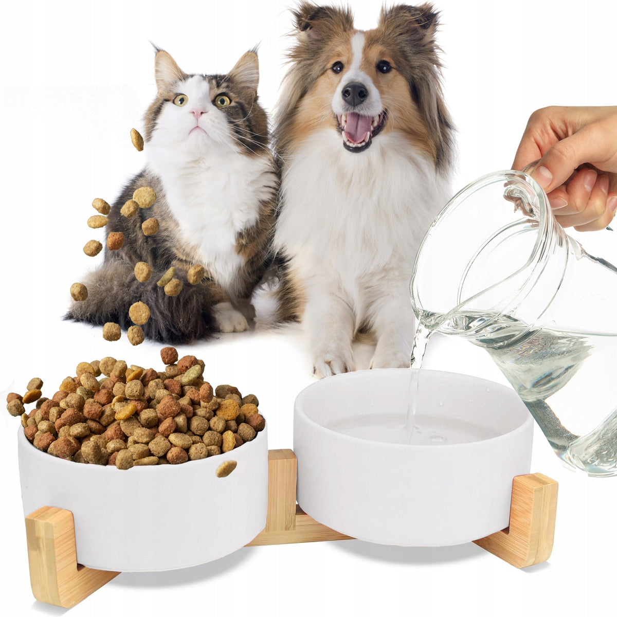 DOUBLE CERAMIC BOWL FOR DOG AND CAT 2 BOWLS WOODEN BASE 2x400ml