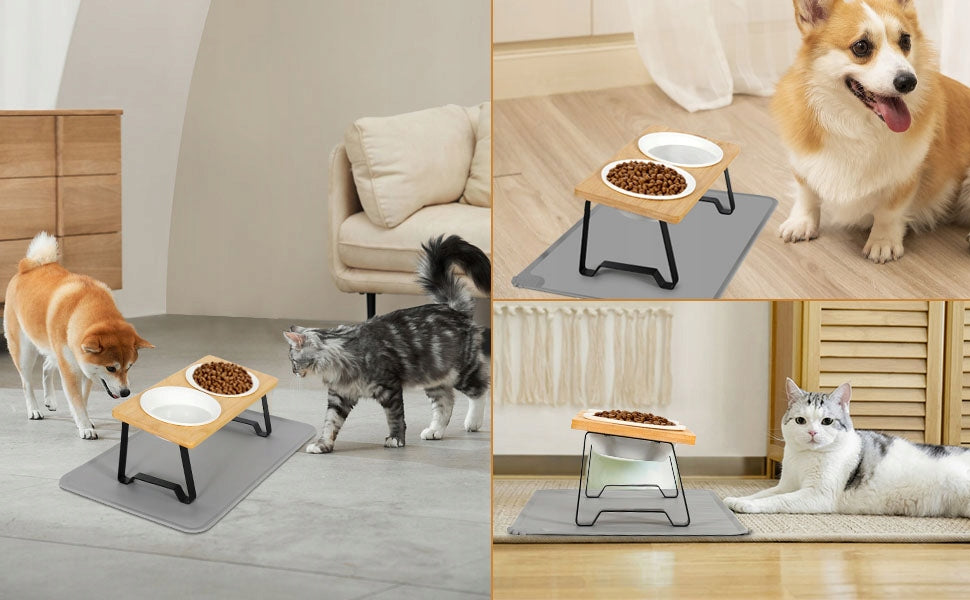 DOUBLE CERAMIC BOWL FOR DOG AND CAT 2 BOWLS WOODEN BASE Brand Bedee