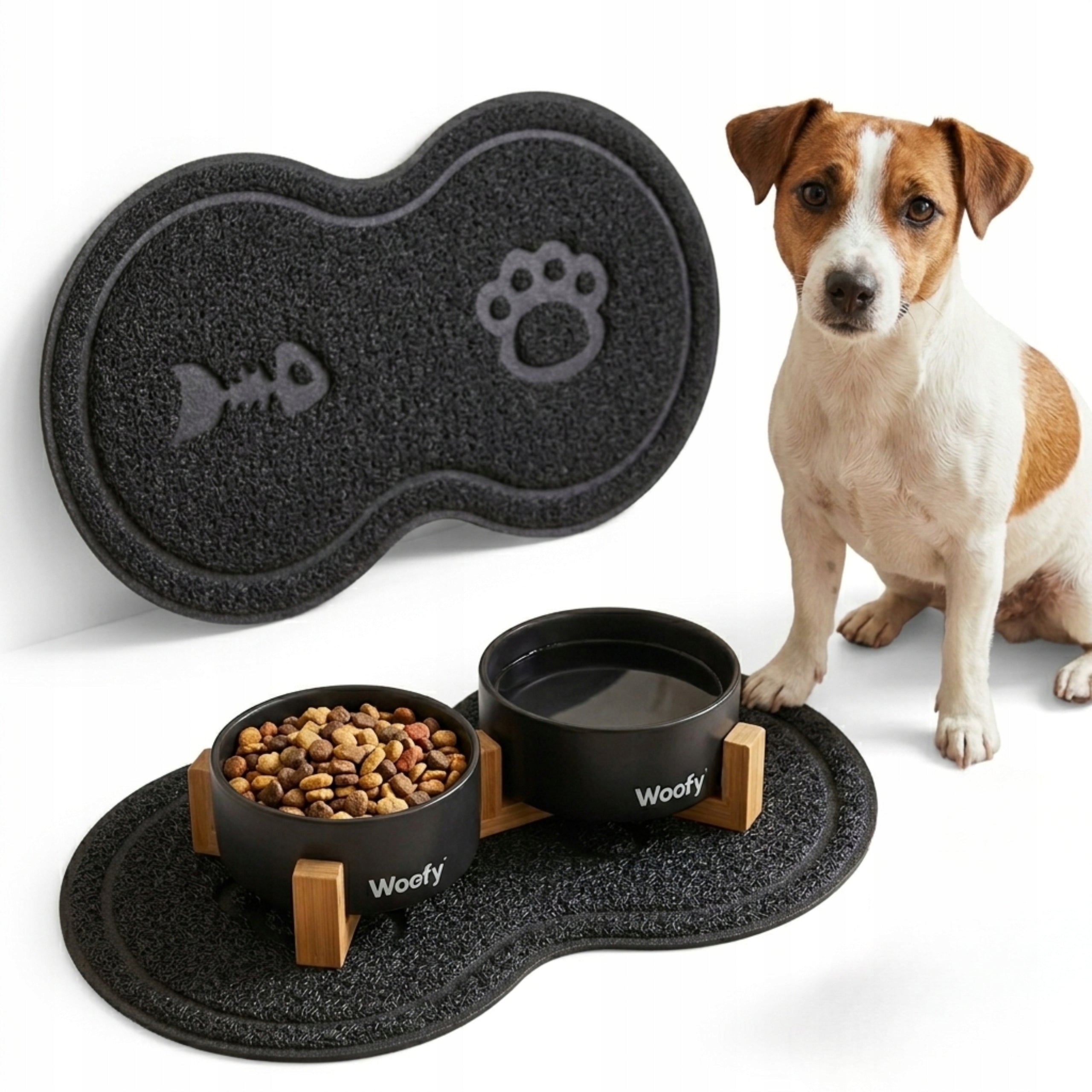 DOUBLE CERAMIC BOWL ON A DOG STAND CAT BOWLS WOOFY 2x 400ml Capacity 0.8 l
