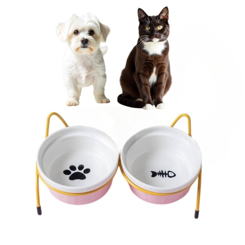 DOUBLE CERAMIC BOWL ON A STAND FOR CAT AND DOG BOWL SET 2x300ml