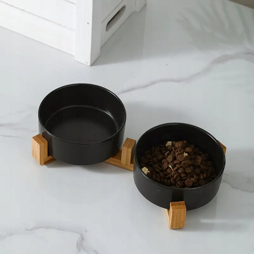 DOUBLE CERAMIC BOWL ON DOG STAND CAT BOWLS 2X400ml BLACK Material ceramic