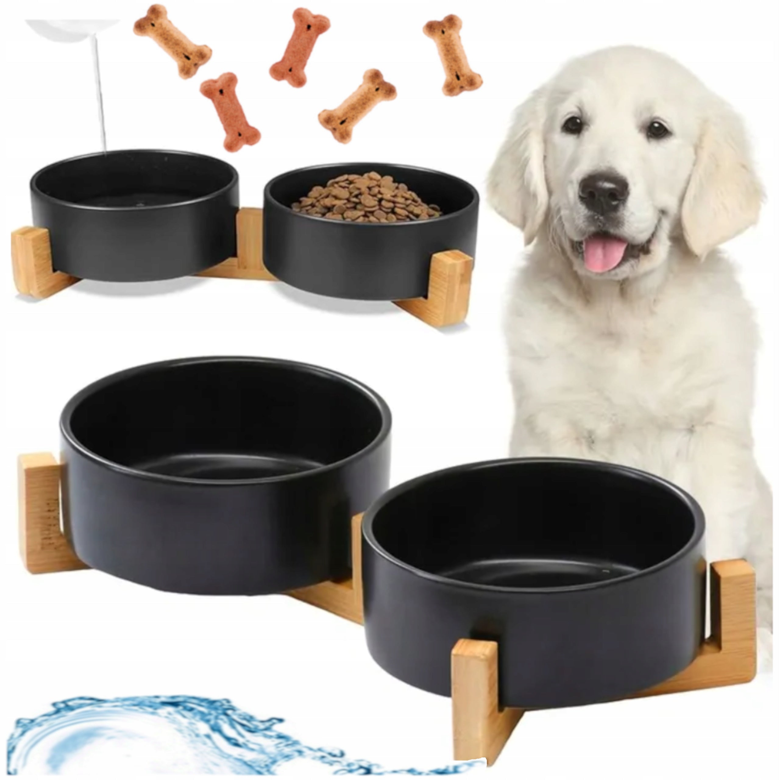 DOUBLE CERAMIC BOWL ON DOG STAND CAT BOWLS 2X400ml BLACK