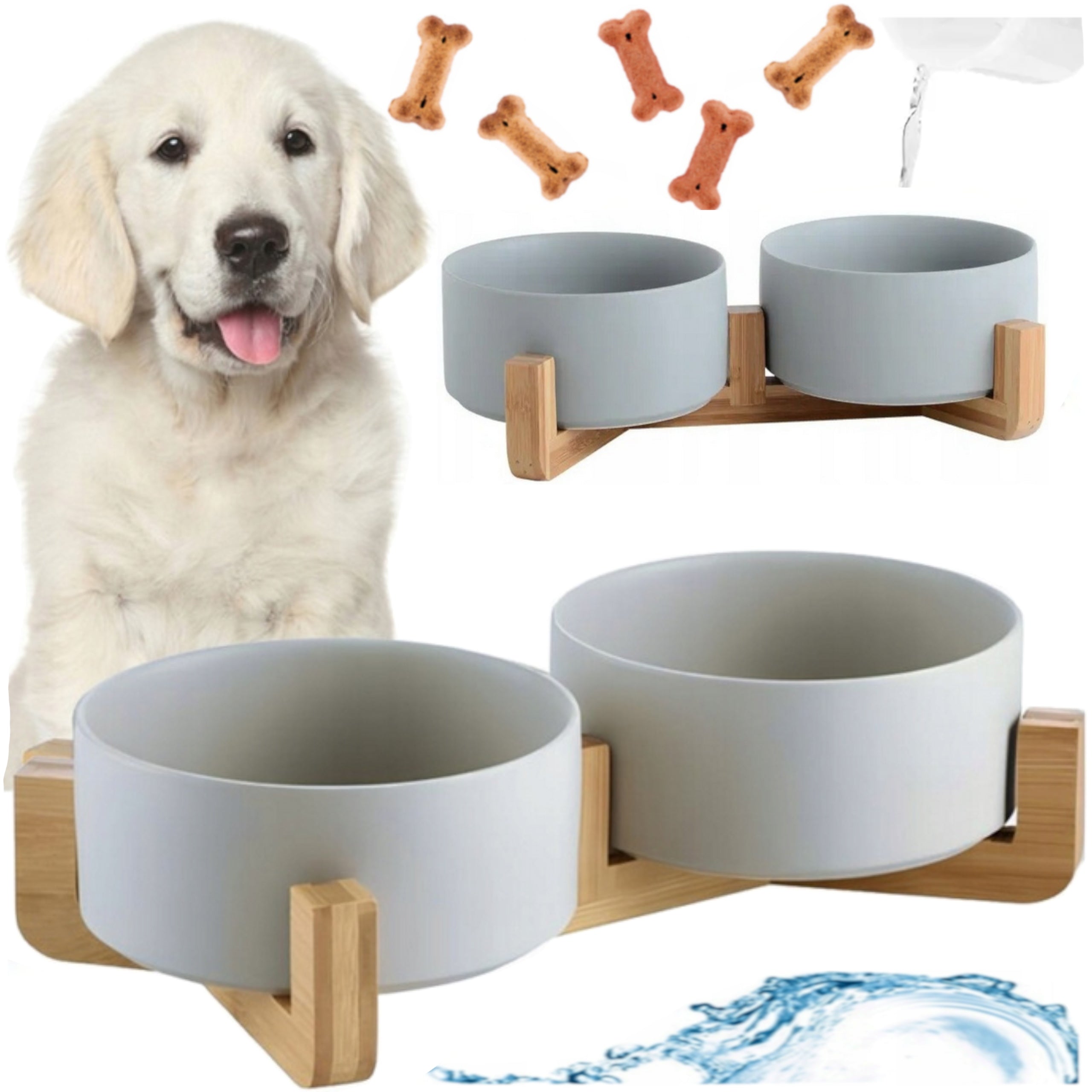 DOUBLE CERAMIC BOWL ON DOG STAND CAT BOWLS 2X400ml GREY