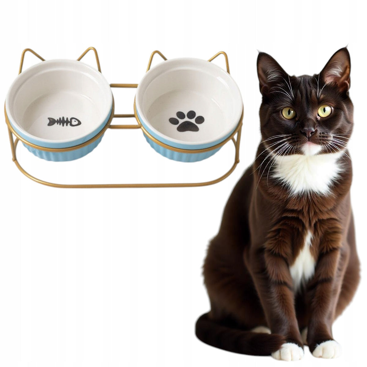 DOUBLE CERAMIC DOG CAT STAND BOWL SET 2PCS 2x300ml