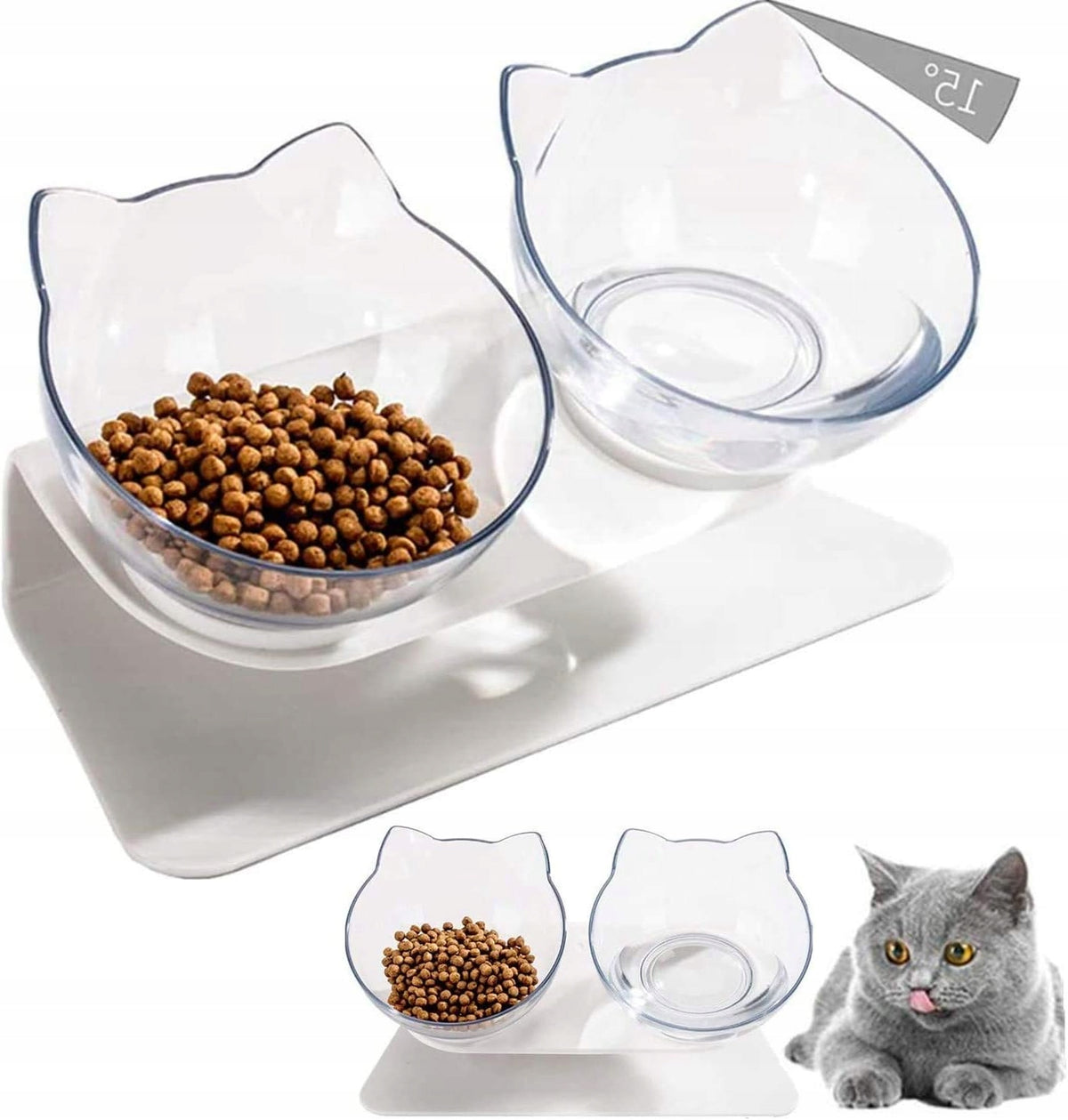 DOUBLE CLEAR CAT FOOD BOWLS WITH 15 DEGREE INCLINATION
