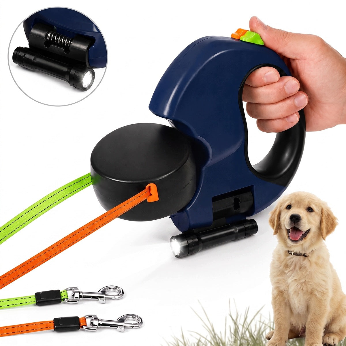 DOUBLE DOG LEASH ROTATING AUTOMATIC LEASH FOR TWO DOGS TAPE 3M