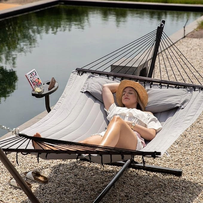 DOUBLE GARDEN HAMMOCK WITH FRAME FOR 2 PEOPLE AND BALCONY TABLE GREY Manufacturer code HAMAK OGRODOWY PODWÓJNY ZE STELAŻEM DLA 2