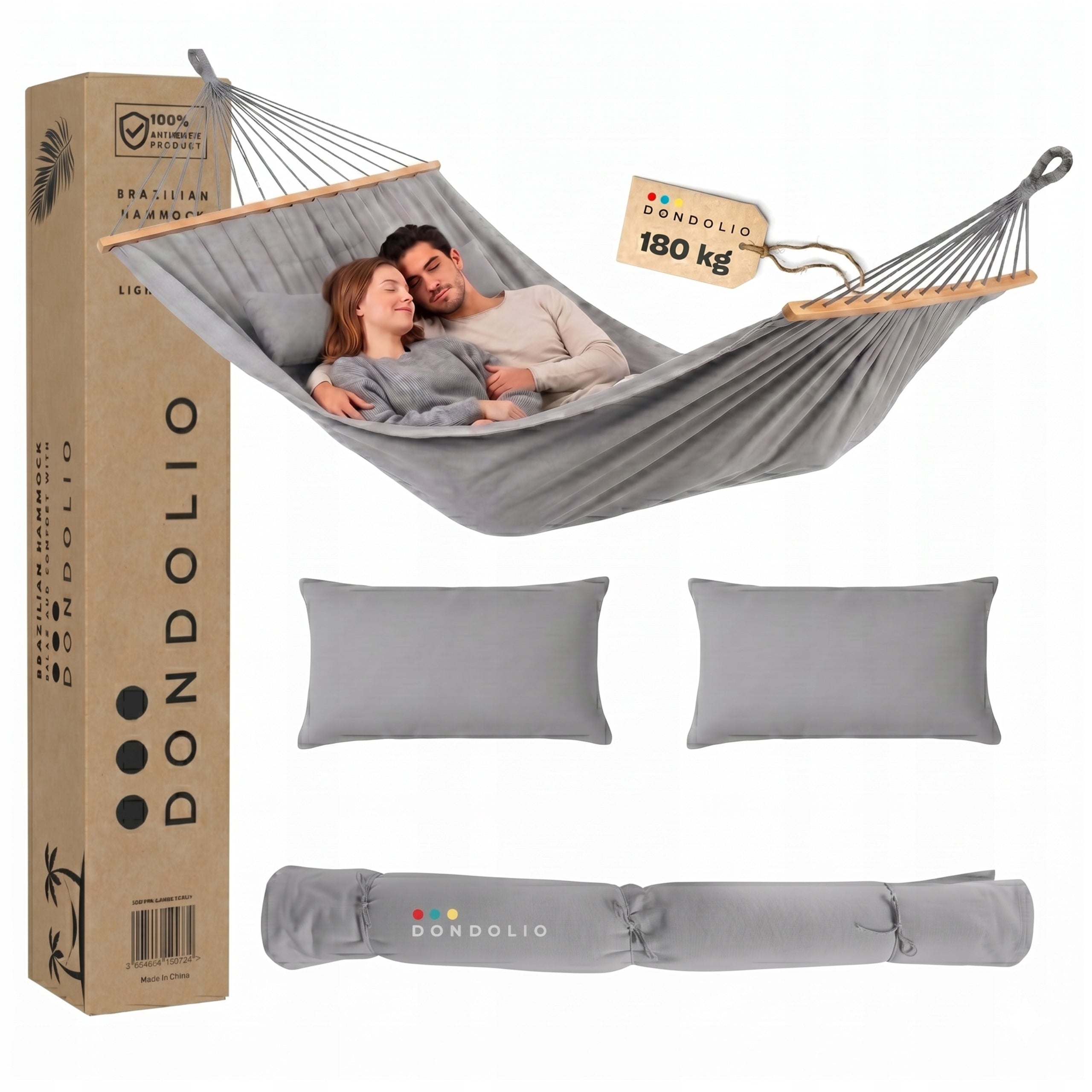 DOUBLE GARDEN HAMMOCK XXL LARGE LIGHT GREY BOHO WITH PILLOW BAR