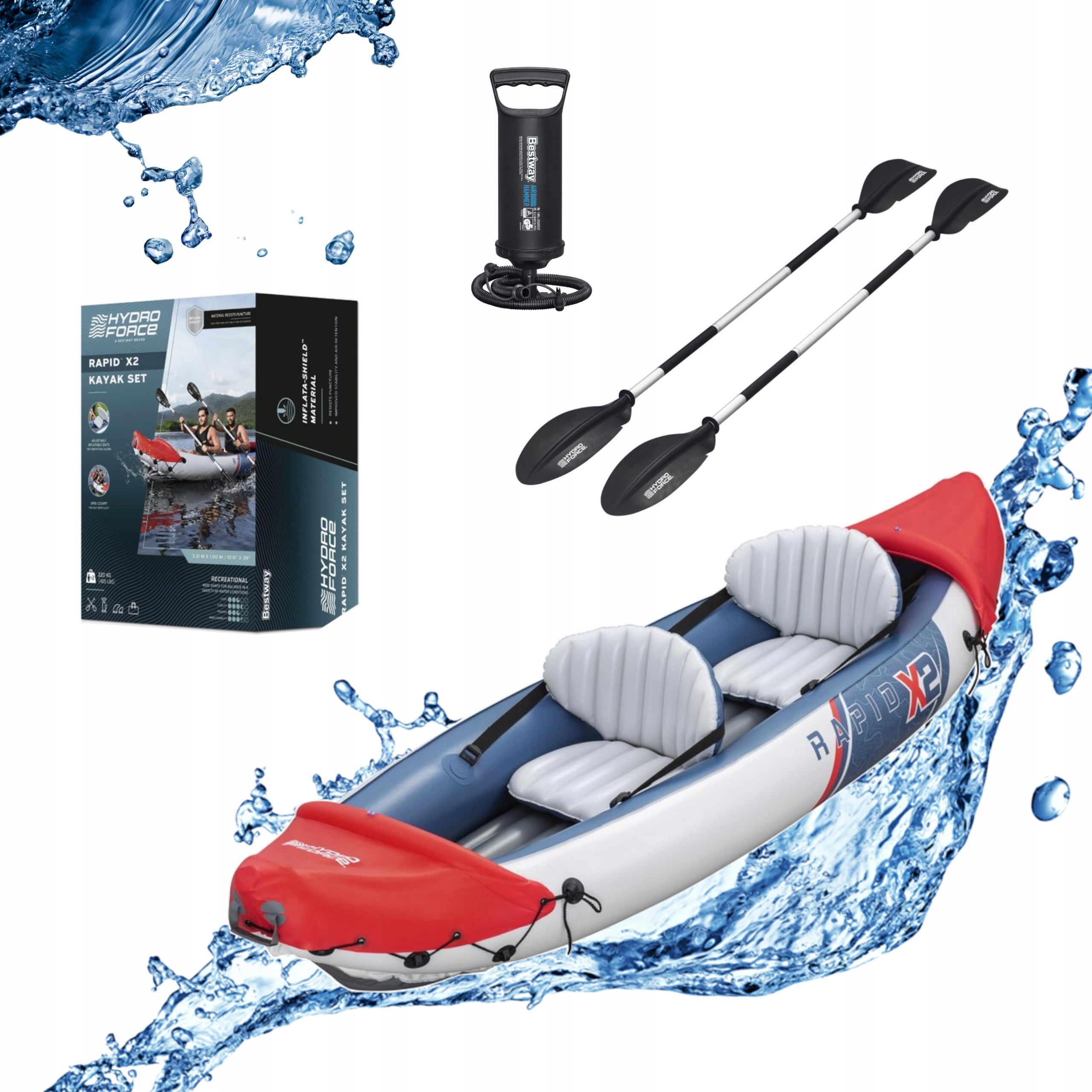 DOUBLE INFLATABLE KAYAK 321 x 88 cm PUMPED TOURIST + PADDLE PUMP
