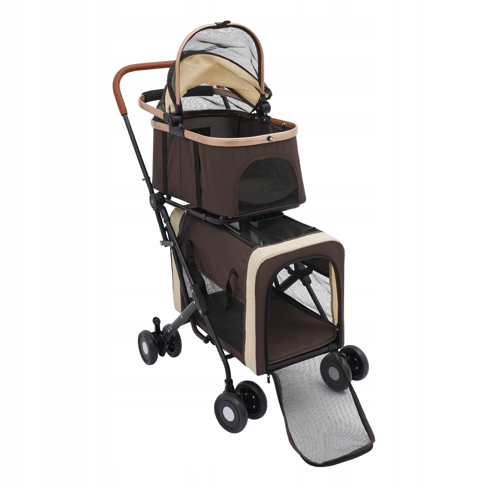 DOUBLE LAYER FOLDING PET STROLLER 46*58*97 CM COFFEE BROWN Product height 97 cm