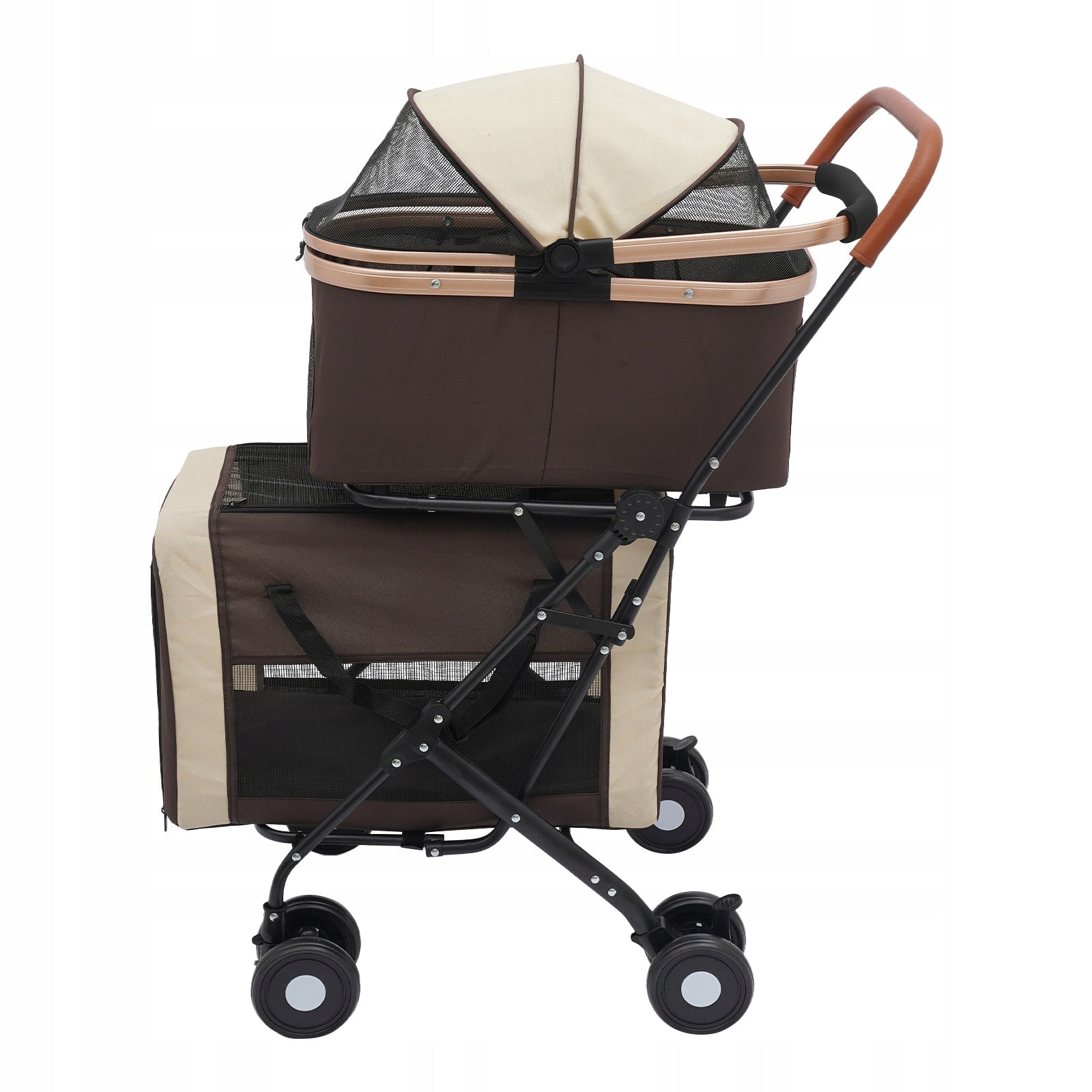 DOUBLE LAYER FOLDING PET STROLLER 46*58*97 CM COFFEE BROWN Size multipurpose