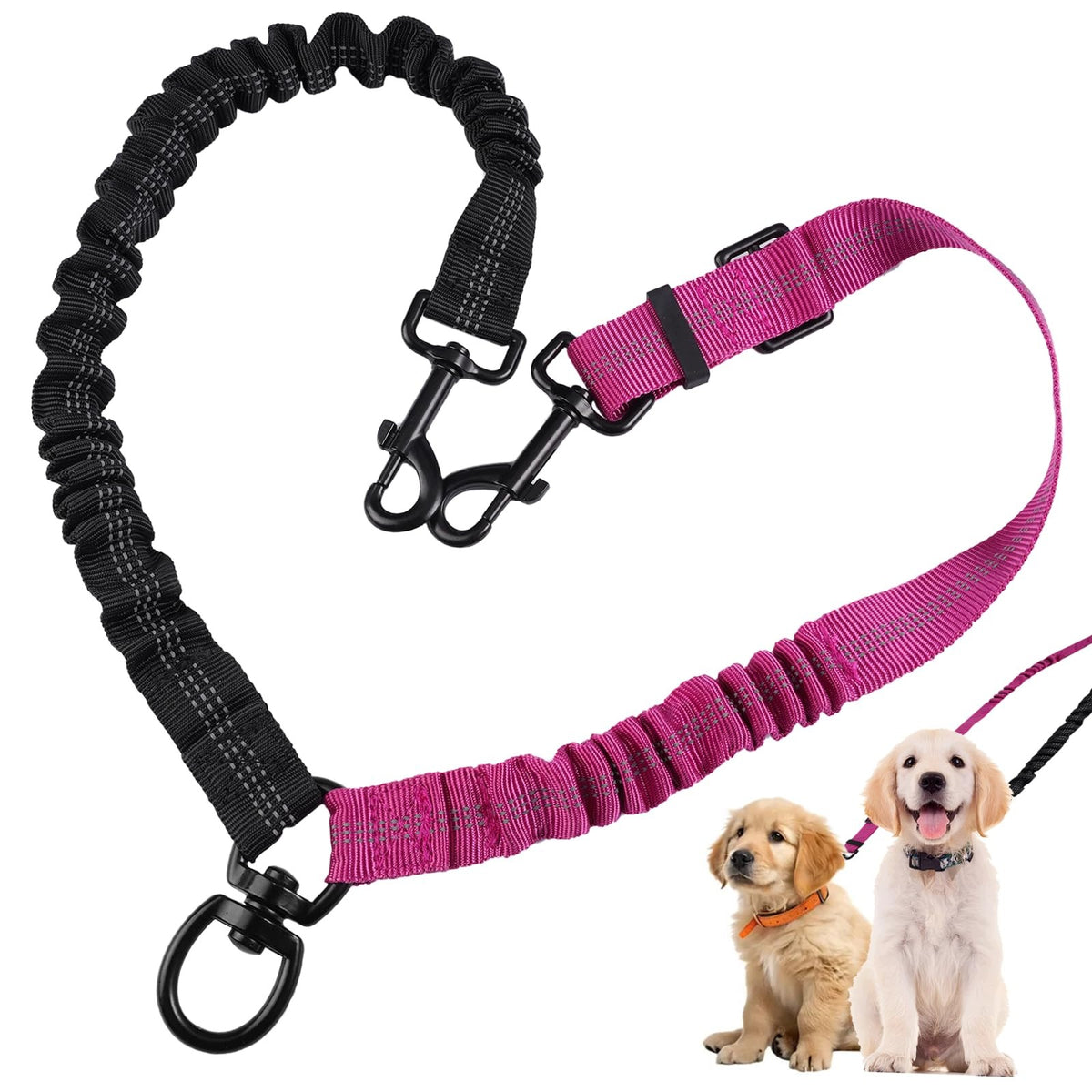 DOUBLE LEASH FOR DOGS ROTATING 360° WITHOUT TANGLING BLACK FUCHSIA NYLON