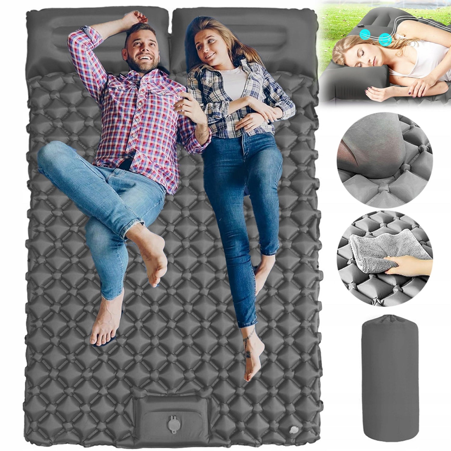 DOUBLE MATTRESS INFLATABLE FOLDING TOURIST MAT WITH PILLOW 200X120CM