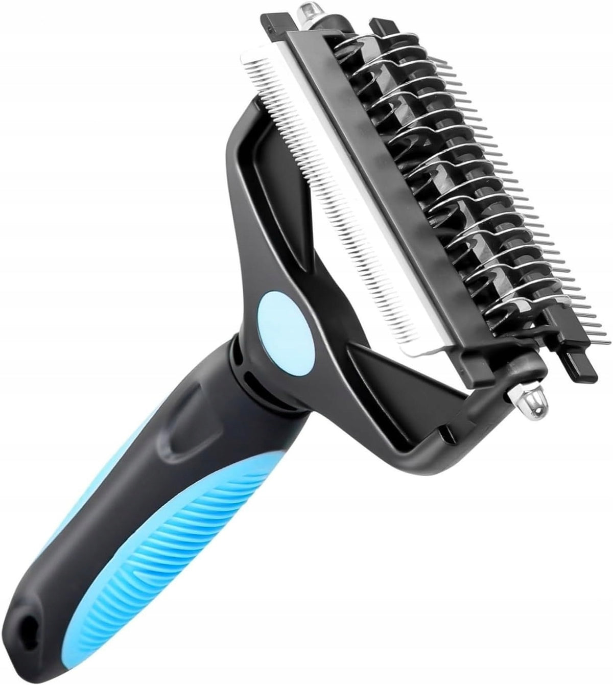 DOUBLE-SIDED BRUSH FOR DOG UNDERCOAT 17 TEETH AND 9 TEETH BLUE