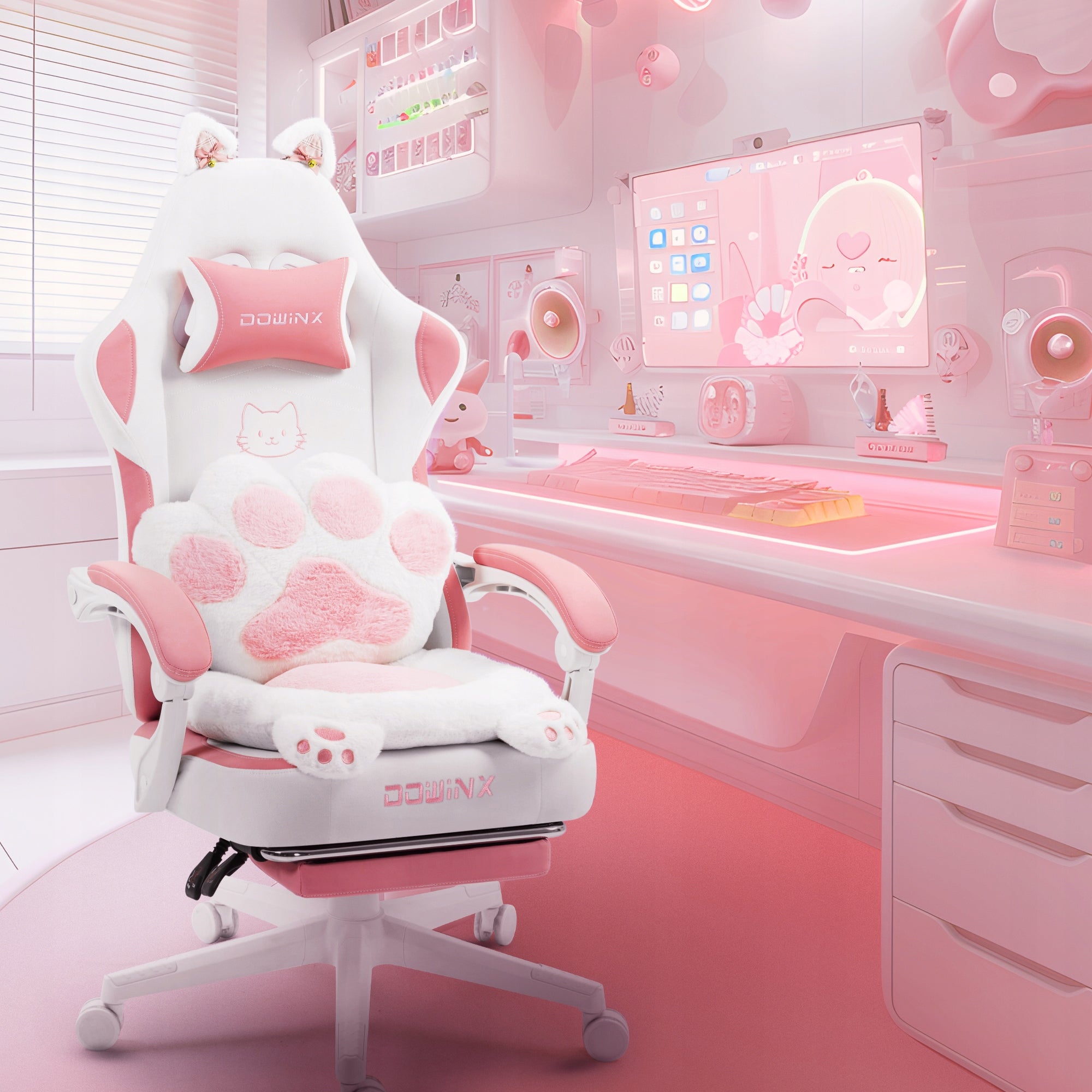 DOWINX GAMING CHAIR WITH CAT EARS FOLDING WITH FOOTREST PINK 90 – 145° Packaging status original