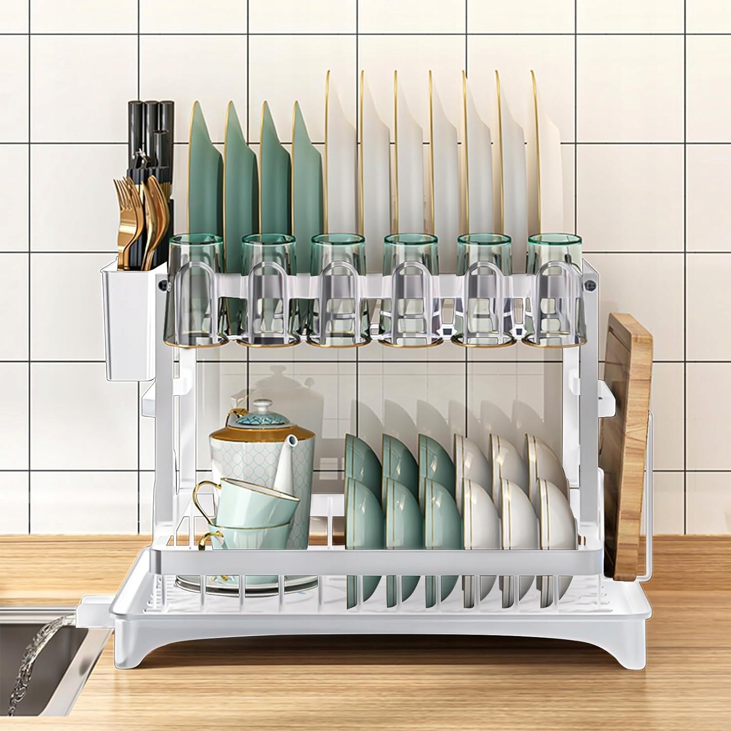 DRAINER DISH DRYER TWO-LEVEL WITH DRAIN WHITE